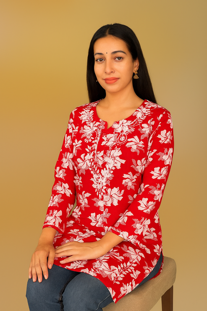 Lucknowi Chikankari Red 'Surkh' Printed Cotton Short Kurti-T000020