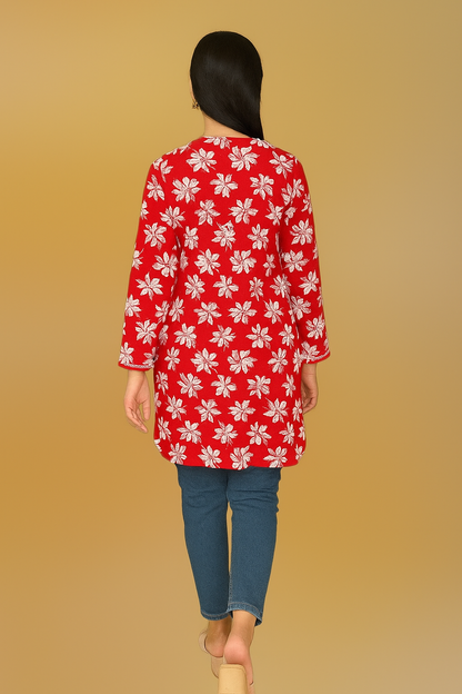 Lucknowi Chikankari Red 'Surkh' Printed Cotton Short Kurti-T000020