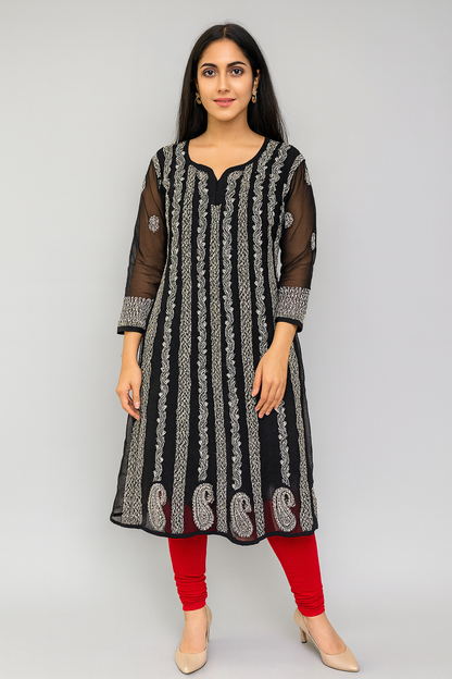 Lucknowi Chikankari Black 'Shab' Georgette Anarkali-K000023