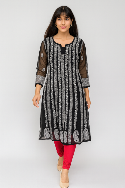 Lucknowi Chikankari Black 'Shab' Georgette Anarkali-K000023