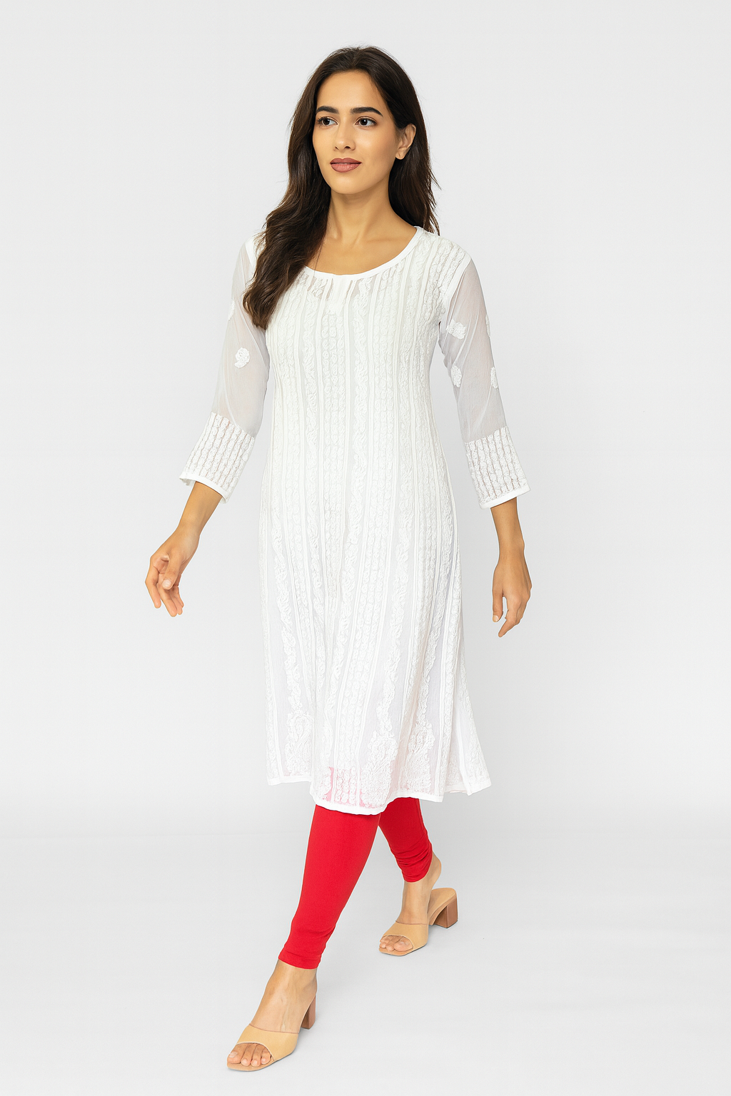 Lucknowi Chikankari White 'Ujaala' Georgette Anarkali-K000025