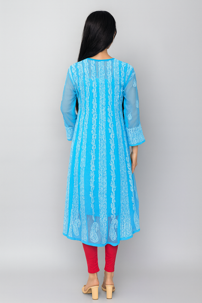 Lucknowi Chikankari Blue 'Aab-e-Asmaan' Georgette Anarkali-K000024