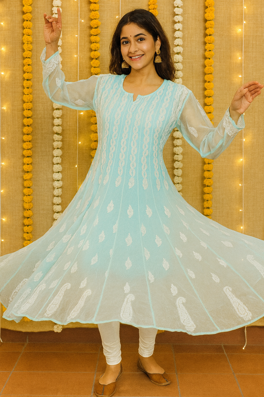 Lucknowi Chikankari Blue 'Aab-e-Asmaan' Georgette Anarkali-PE00055