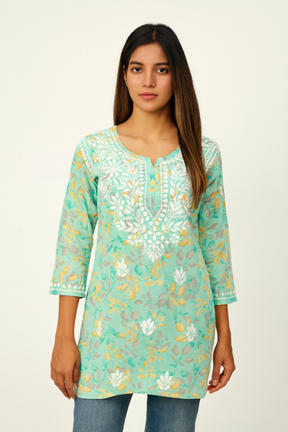 Lucknowi Chikankari Green 'Bahar' Printed Cotton Short Kurti-T000042