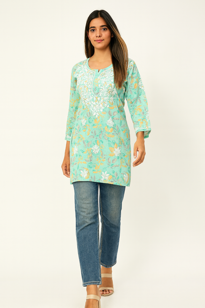 Lucknowi Chikankari Green 'Bahar' Printed Cotton Short Kurti-T000042