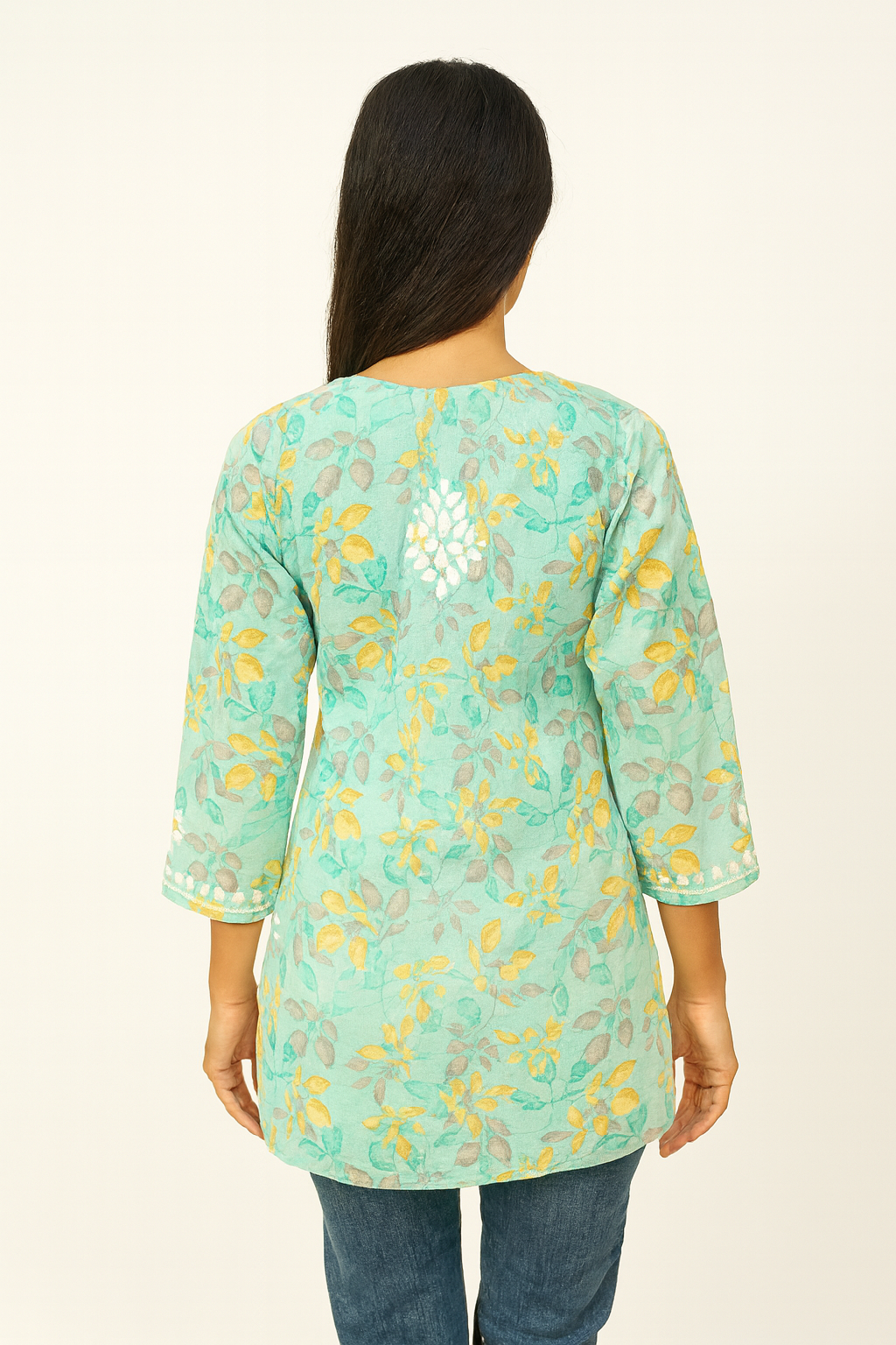 Lucknowi Chikankari Green 'Bahar' Printed Cotton Short Kurti-T000042