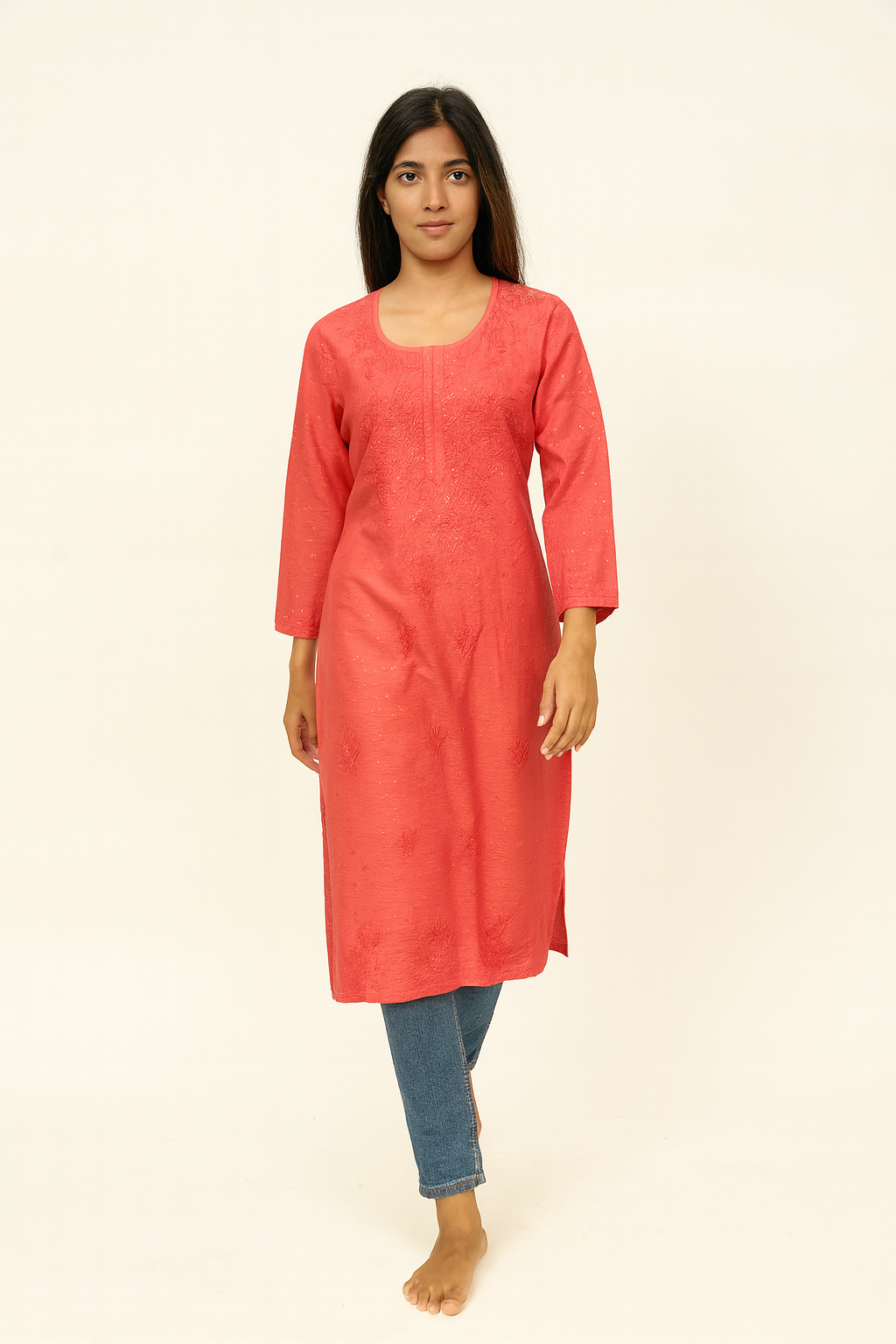 Lucknowi Chikankari Coral Pink 'Shagufta' Chanderi Kurti-K000033