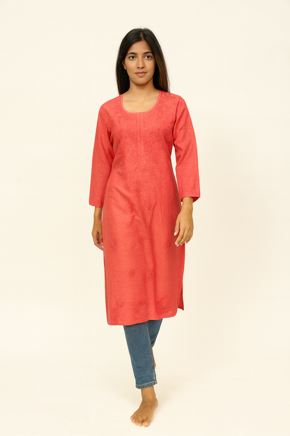 Lucknowi Chikankari Coral Pink 'Shagufta' Chanderi Kurti-K000033
