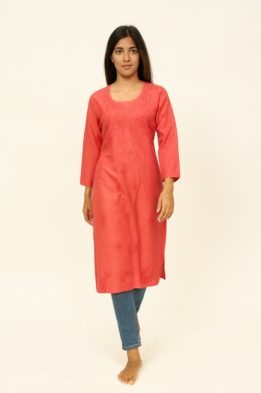 Lucknowi Chikankari Coral Pink 'Shagufta' Chanderi Kurti-K000033