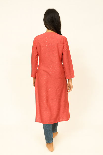 Lucknowi Chikankari Coral Pink 'Shagufta' Chanderi Kurti-K000033