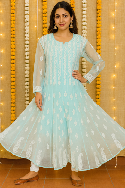 Lucknowi Chikankari Blue 'Aab-e-Asmaan' Georgette Anarkali-PE00055