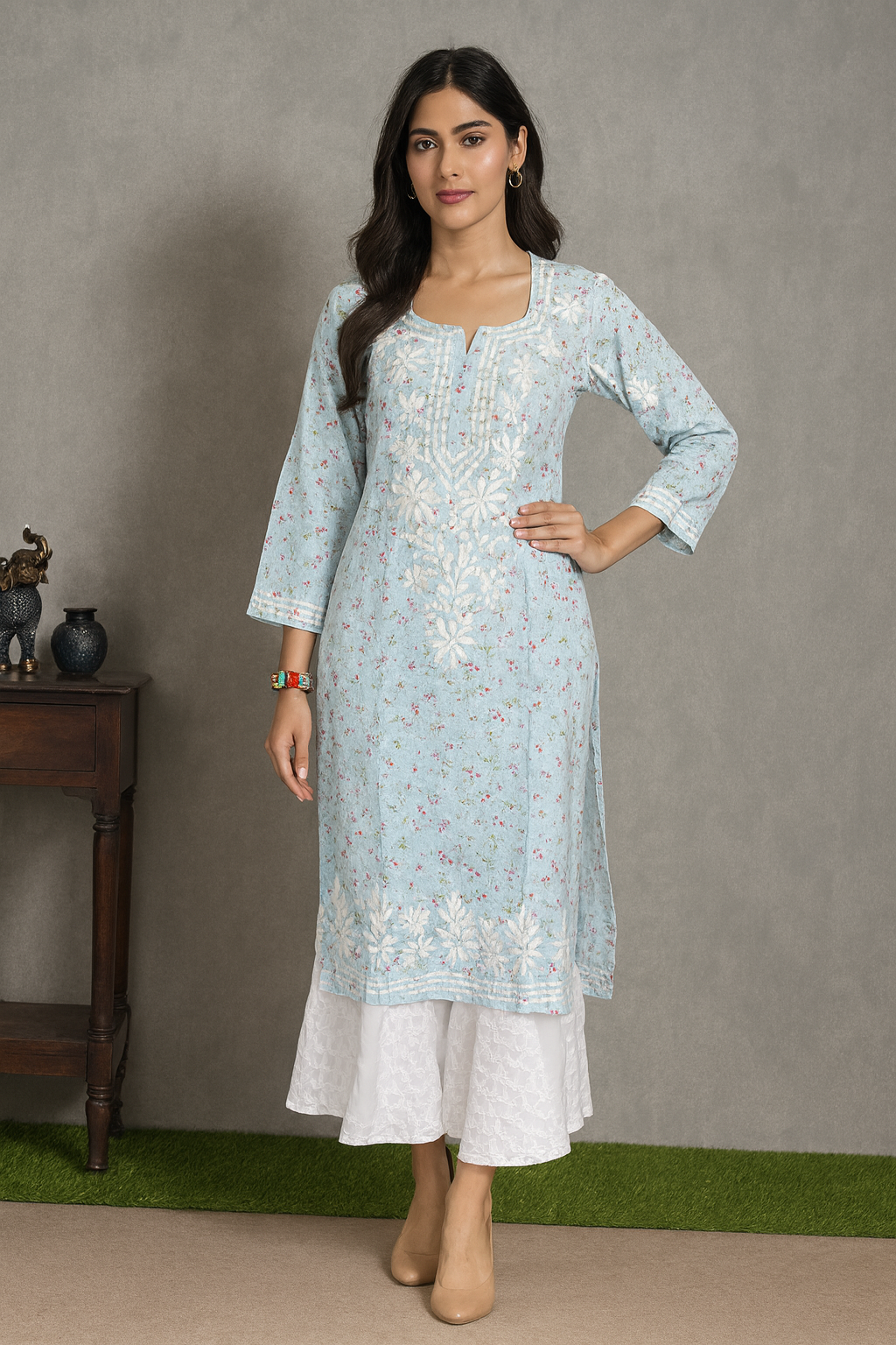 Lucknowi Chikankari Sky Blue Printed Cotton Kurti-K000084