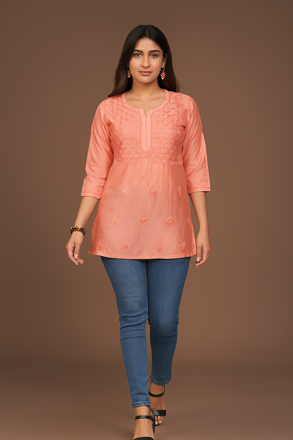 Lucknowi Chikankari 'Aarooi' Peach Chanderi Short Kurti-T000022