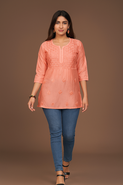 Lucknowi Chikankari 'Aarooi' Peach Chanderi Short Kurti-T000022