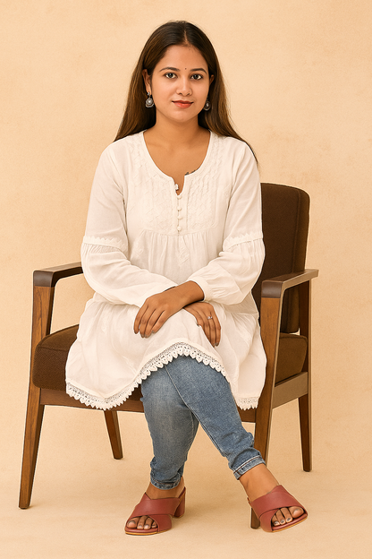 Lucknowi Chikankari White 'Ujaala' Muslin Short Kurti-T000012