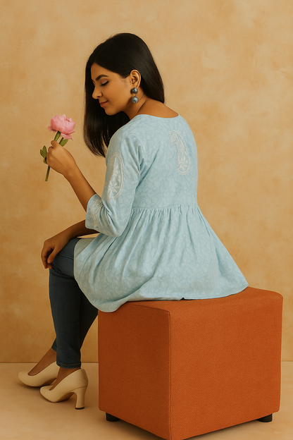Lucknowi Chikankari Sky Blue 'Aab-e-Asmaan' Printed Cotton Short Kurti-T000017