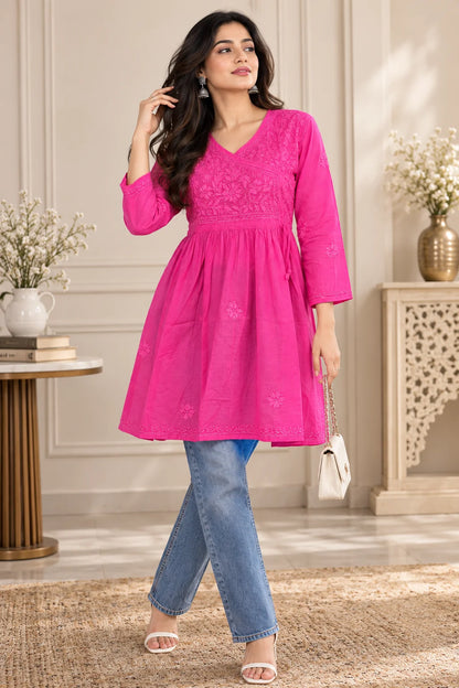 Lucknowi Chikankari Women Magenta 'Shagufta' Cotton Angrakha Styled Short Kurti