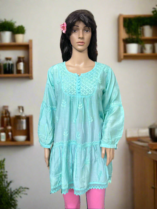 Lucknowi Chikankari Light Teal Muslin Short Kurti-T50023