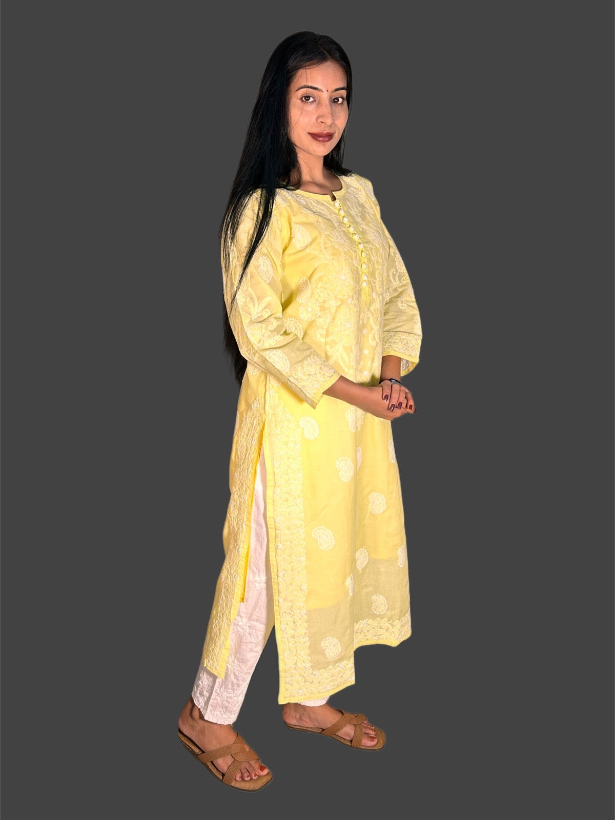 Lucknowi Chikankari Yellow Cotton Kurti-K000054