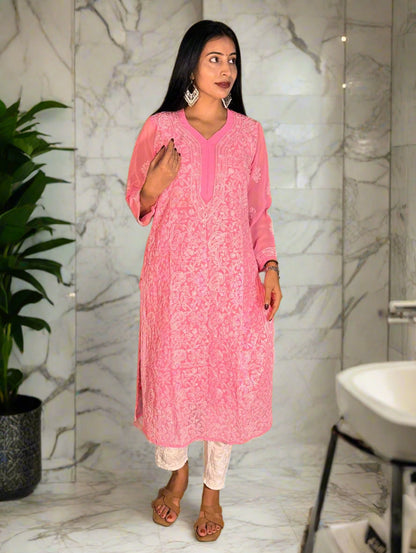 Lucknowi Chikankari Pink Georgette Kurti-K000063