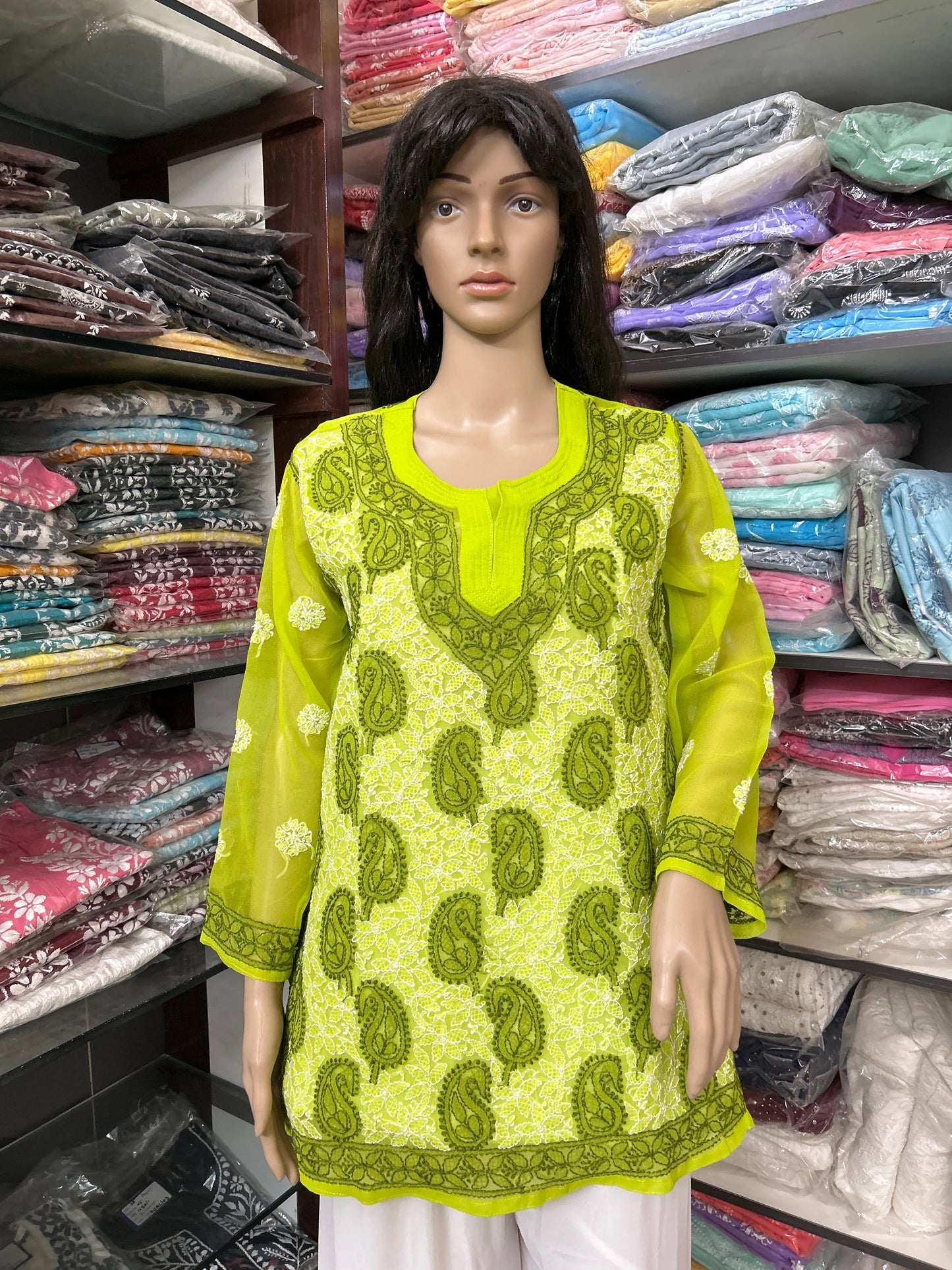 Lucknowi Chikankari Green 'Bahar' Georgette Short Kurti-T50010
