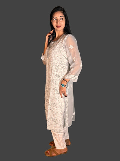 Lucknowi Chikankari Grey Georgette Kurti-K000045