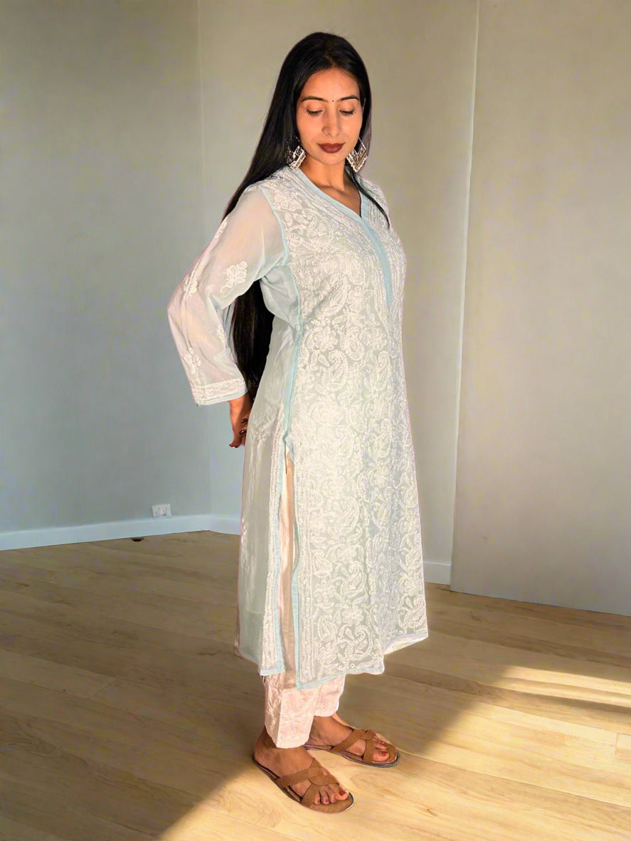 Lucknowi Chikankari Sky Blue Georgette Kurti-K000031