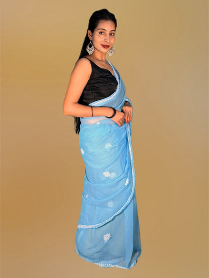 Lucknowi Chikankari Blue Georgette Saree (With Blouse)-S00002