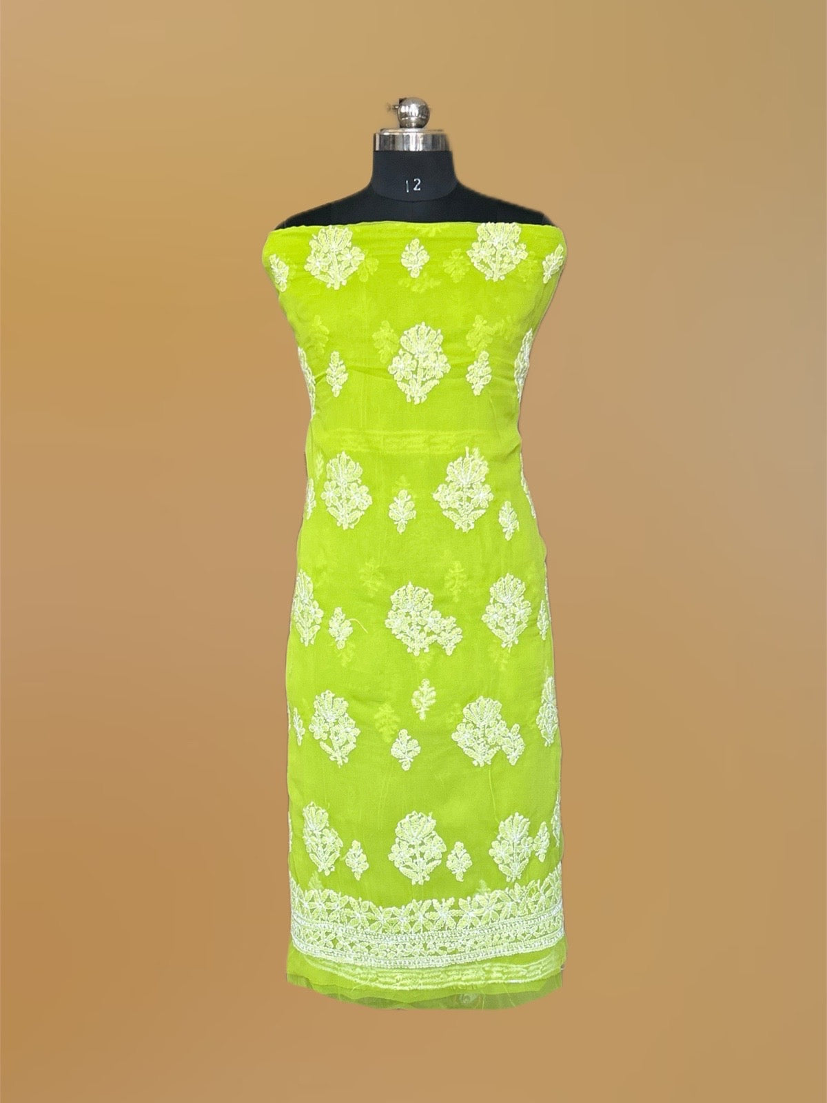 Lucknowi Chikankari Unstitched Green Georgette Kurta-Bottom-Dupatta Fabric-U30053