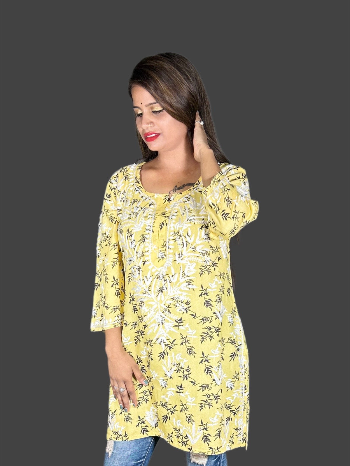 Lucknowi Chikankari Yellow 'Sunehri' Printed Rayon Short Kurti-T000006