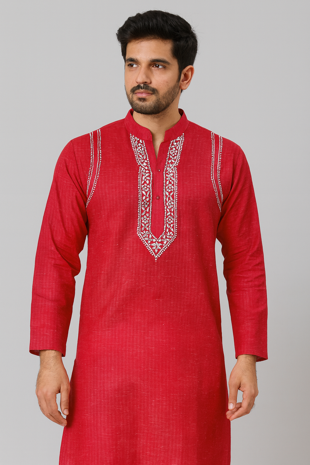 Lucknowi Chikankari Red 'Surkh' Cotton Gents Kurta-GK00022