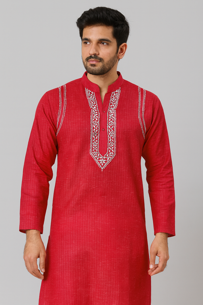 Lucknowi Chikankari Red 'Surkh' Cotton Gents Kurta-GK00022
