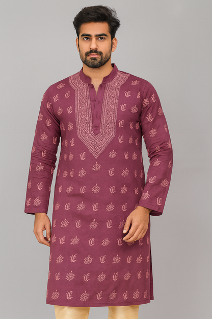 Lucknowi Chikankari Mauve 'Jamuni' Cotton Gents Kurta-GK00004