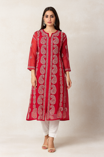 Lucknow Chikankari Red 'Shafaq' Georgette Anarkali-K000007
