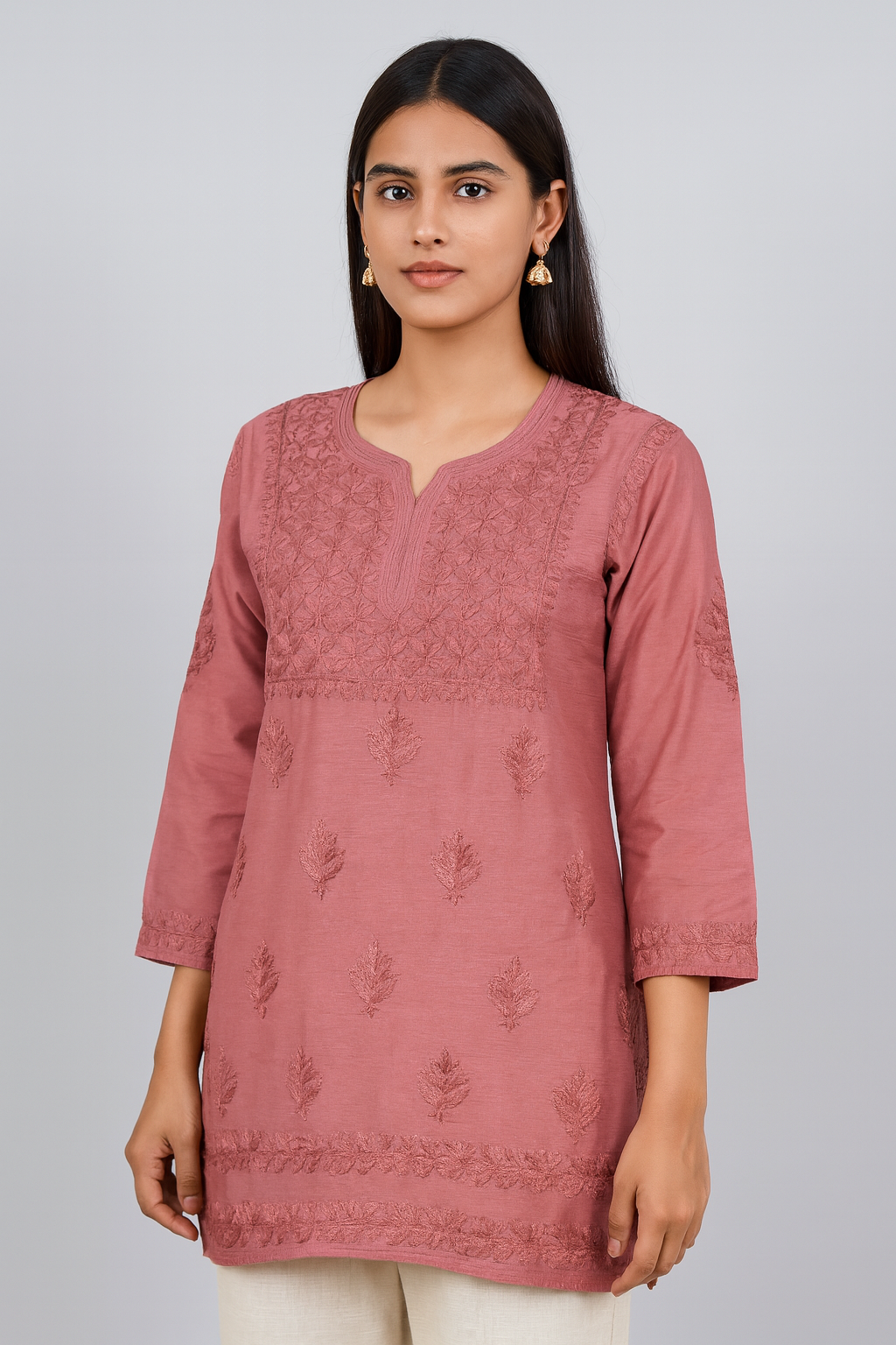 Lucknowi Chikankari Brown 'Rang-e-Mitti' Chanderi Short Kurti-T30015