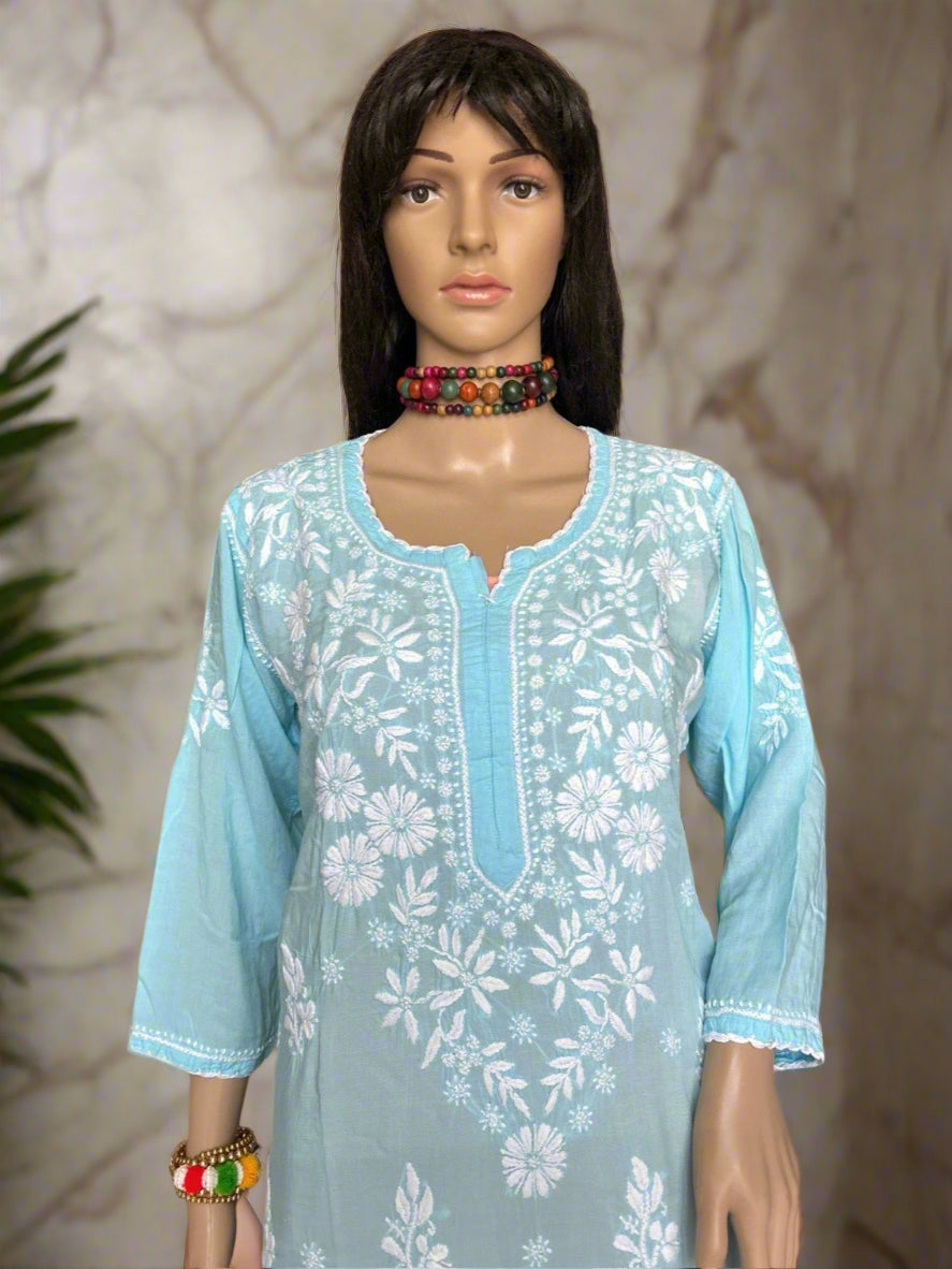 Lucknowi Chikankari Sky Blue Modal Kurti-K000119