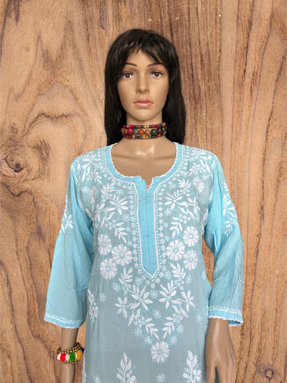 Lucknowi Chikankari Sky Blue Modal Kurti-K000119