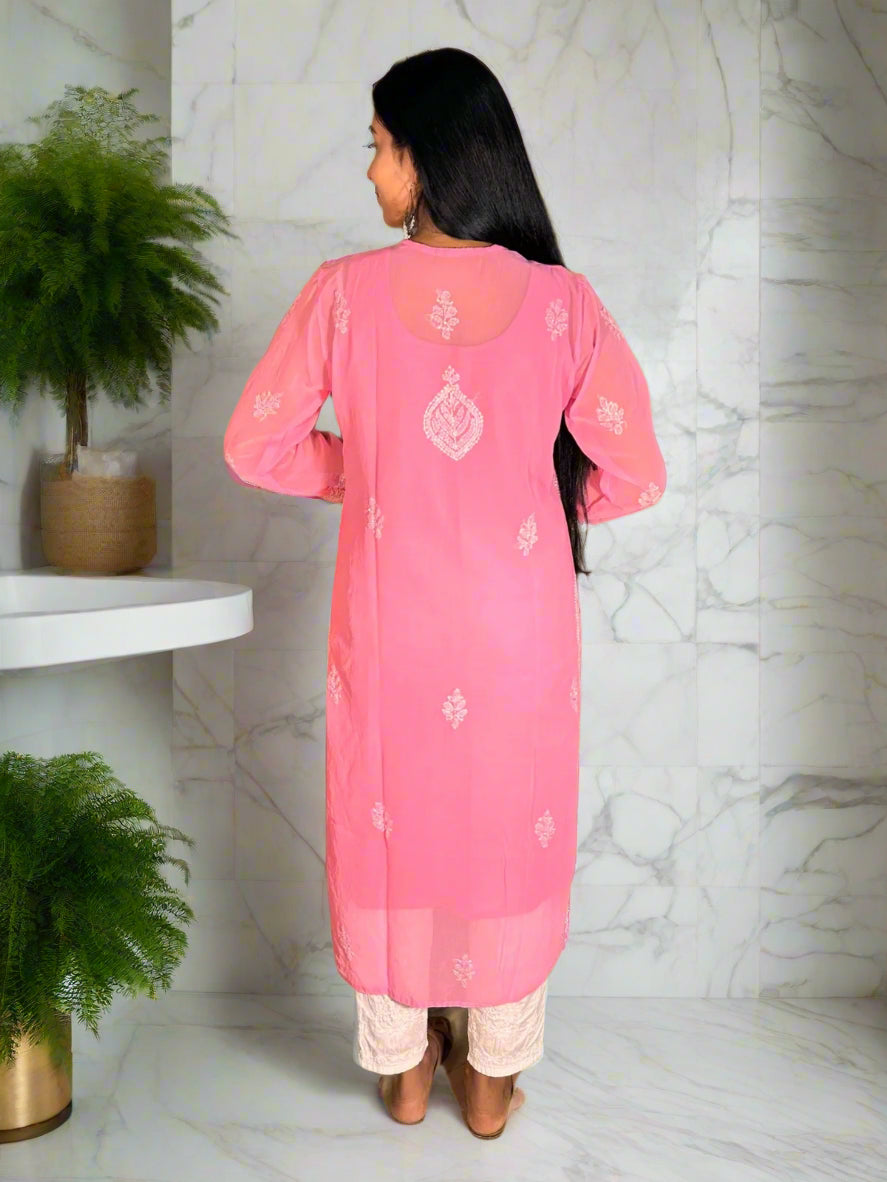 Lucknowi Chikankari Pink Georgette Kurti-K000063