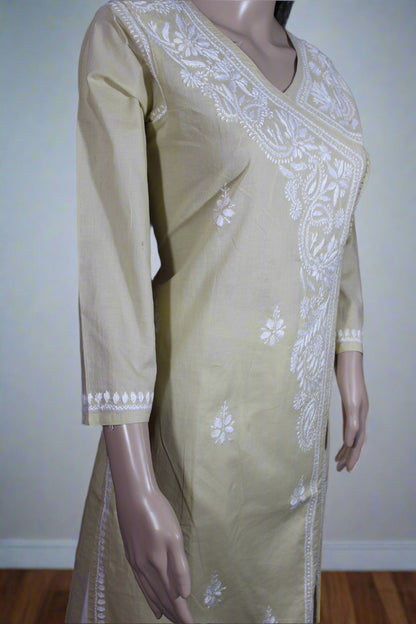 Lucknow Chikankari Fawn Cotton Angrakha- K30032