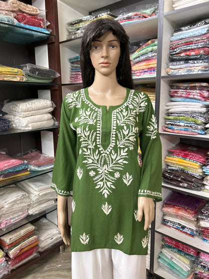 Lucknowi Chikankari Green 'Bahar' Rayon Short Kurti-T000076