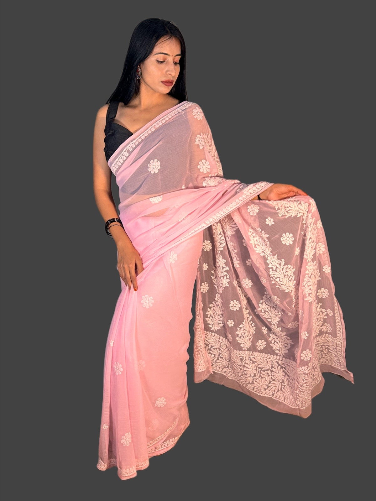 Lucknowi Chikankari Pink Georgette Saree (With Blouse)-S00007