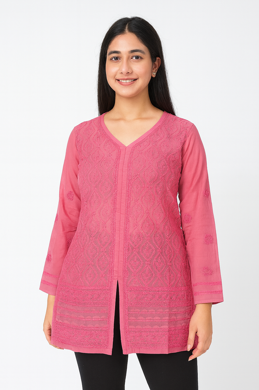 Lucknowi Chikankari Pink 'Shagufta' Cotton Short Kurti-T40021