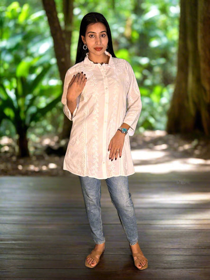 Lucknowi Chikankari White Cotton Shirt-T000041