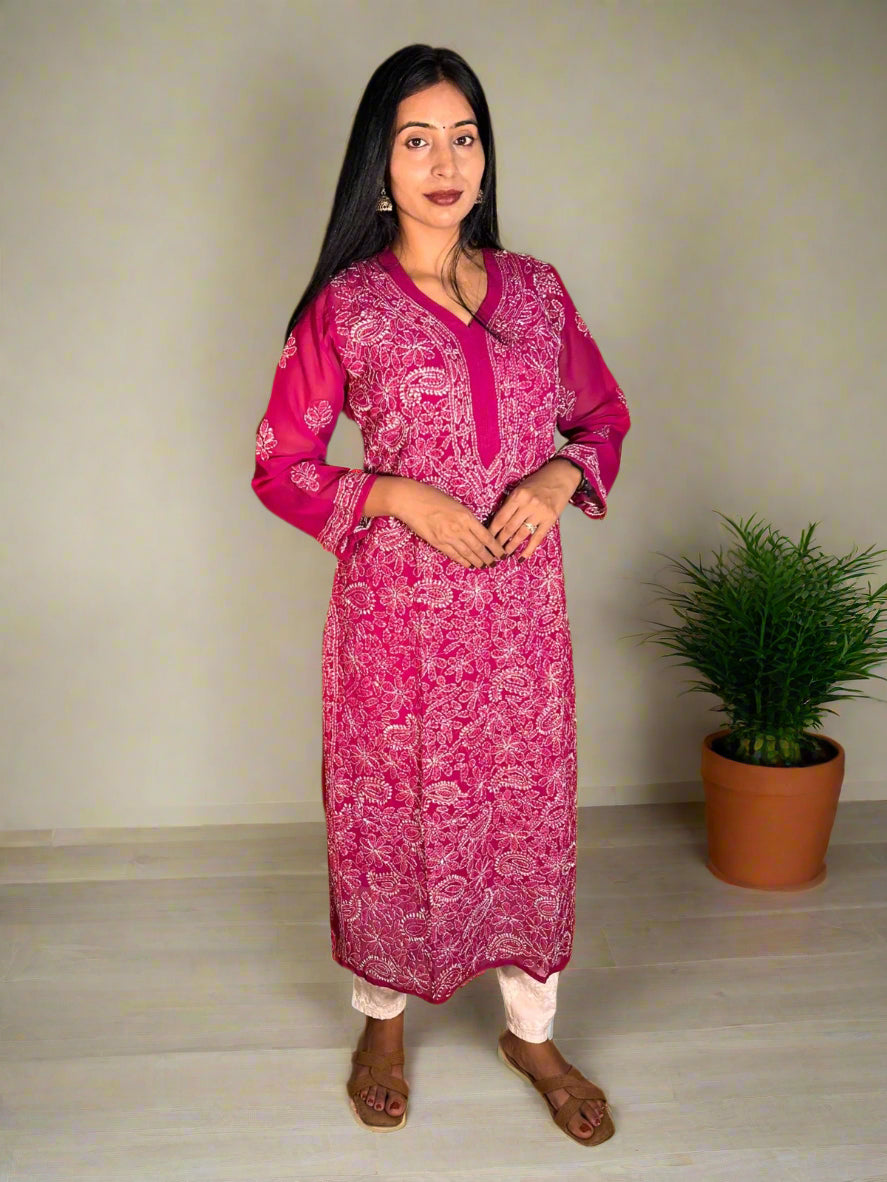 Lucknowi Chikankari Magenta Georgette Kurti-K000034