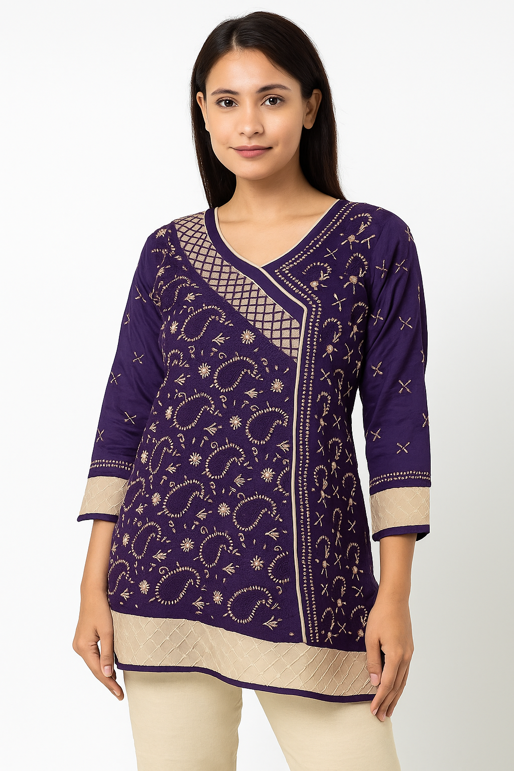 Lucknowi Chikankari Purple 'Jamuni' Cotton Angrakha Styled Short Kurti-T40016