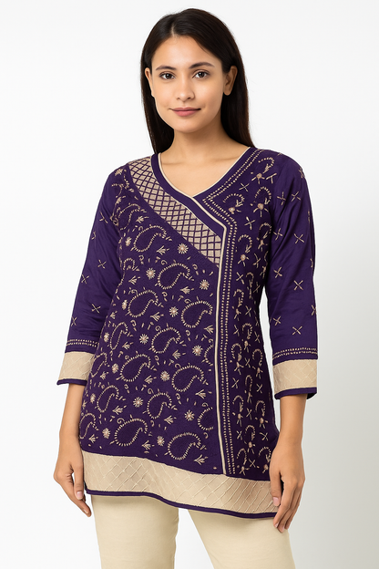 Lucknowi Chikankari Purple 'Jamuni' Cotton Angrakha Styled Short Kurti-T40016
