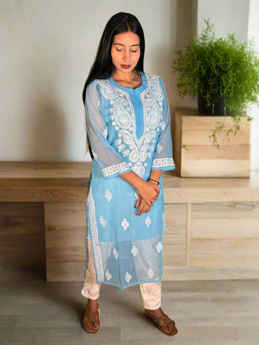 Lucknowi Chikankari Blue Georgette Kurti-K000061