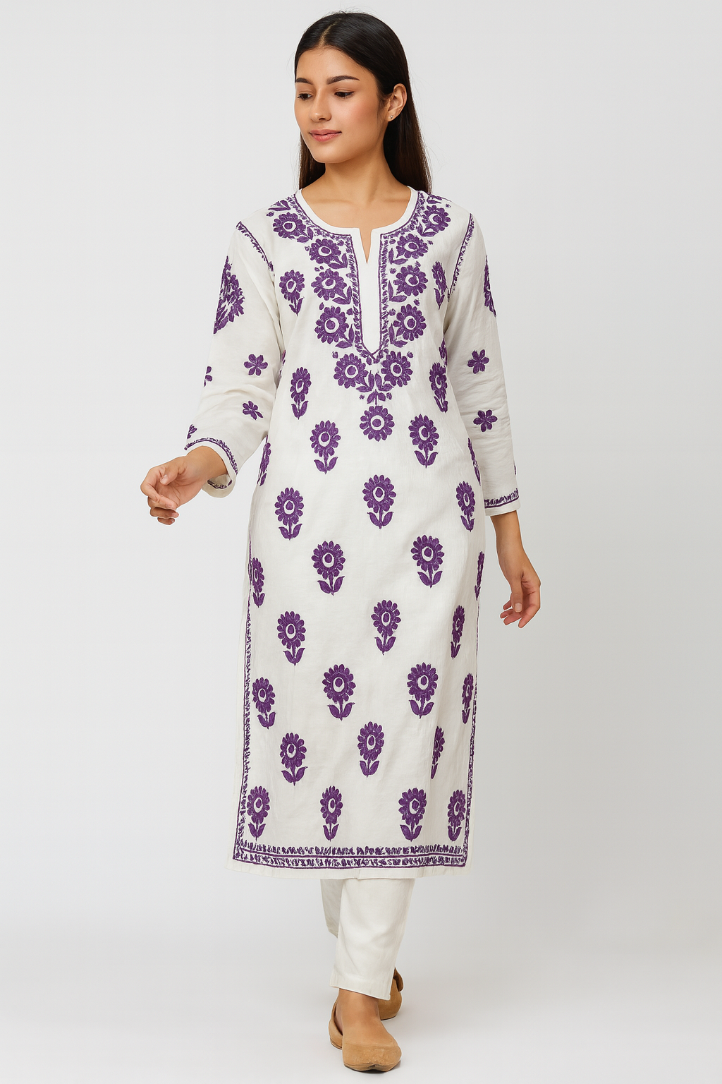 Lucknowi Chikankari White 'Ujaala' Chanderi Kurti-K40090
