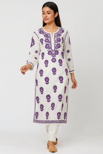 Lucknowi Chikankari White 'Ujaala' Chanderi Kurti-K40090