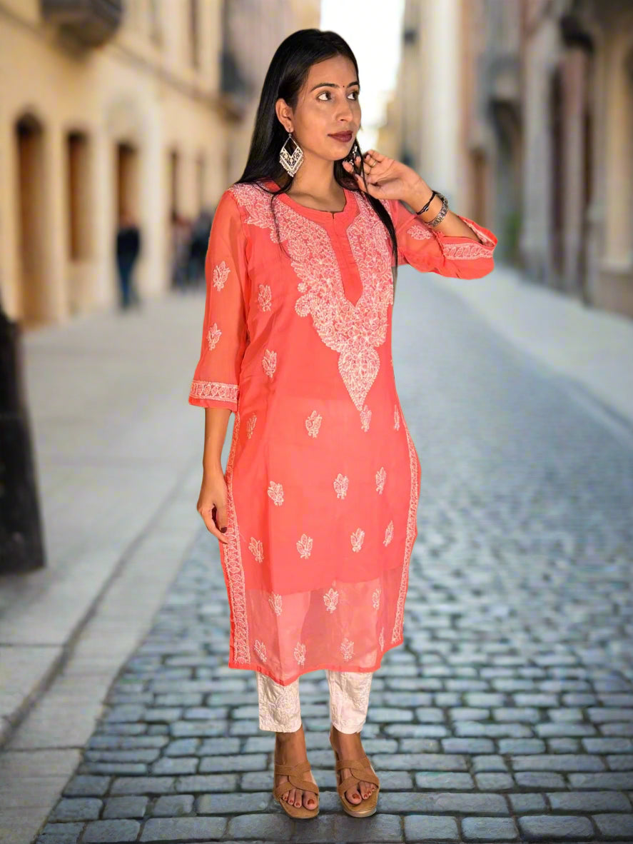 Lucknowi Chikankari Coral Georgette Kurti-K000062